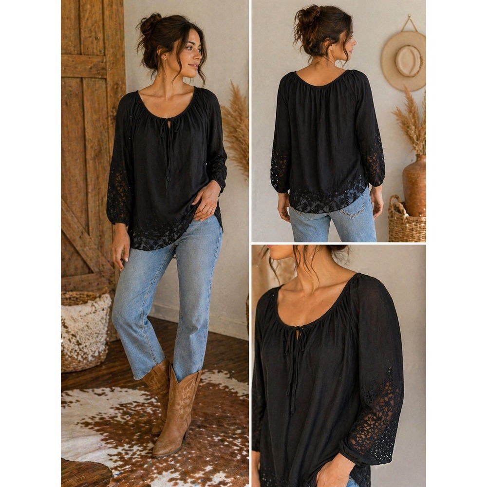 Roper Black Embroidered Peasant Blouse Long Sl Boho Top Small Western Peasant